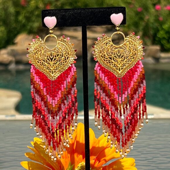 Handmade Beaded Long Fringe Dangle Drop Lightweight Sweetheart Post Earrings - Picture 7 of 10